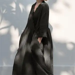 Individuelles niedriges MOQ lässige Damen loses bescheidenes Kleid lange Ärmel Leinen Maxi-Kleider Damen Sommer Leinen Baumwolle schwarz hohe Qualität