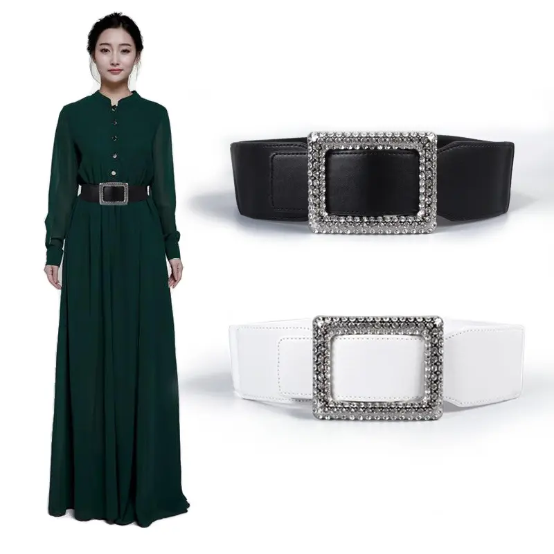 fit 70-110cm black white diamond buckle PU leather belt ultra wide elastic waistband for women's sweater dress jacket shirt