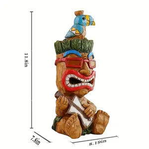 1pc, Statue Tiki Hawaïenne de 13 pouces-Figure sculptée en bois coloré et vibrant avec tenue traditionnelle et guitare - Product Image 5