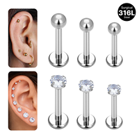 Vente en gros de bijoux de piercing corporel tendance en acier inoxydable 316L 16G à filetage interne, type labret, pour cartilage, tragus, hélix, nez et lèvre