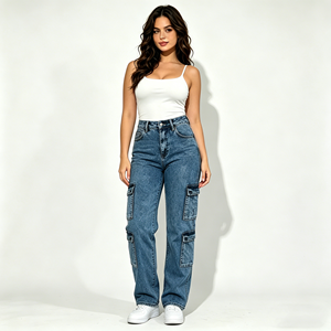 Pantalon cargo pour <span class=keywords><strong>femme</strong></span>, coupe ample, très extensible, respirant, style Y2K, multi-poches, techwear, denim délavé, streetwear vintage, décontracté - Product Image 6