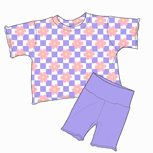 Conjunto de 2 Piezas para Niñas con Estampado Floral y Cuadros, Camiseta de Cuello Redondo y Manga Corta y Pantalones Cortos Deportivos Lisos, <span class=keywords><strong>Ropa</strong></span> Casual de Verano OEM - Product Image 4
