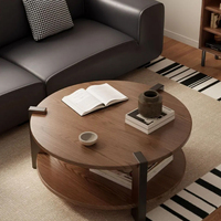 Table basse ronde moderne avec plateau en bois et étagère inférieure, meuble décoratif pour salon