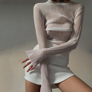 Fall Elegant <strong>See</strong> <strong>Through</strong> Long Sleeve Mock Neck Women <strong>Tops</strong> Fashion Streetwear Sexy T-Shirts Tees Slim Clothes - Product Image 4