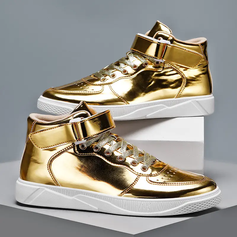 Metallic Gouden Hoge Top Fashion Schoen Sneakers Voor Mannen, Metallic Goud Sneaker Mannen