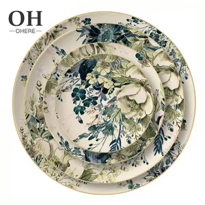 Country style ceramic plates Chinese creative green flower bone porcelain plate theme Chinese restaurant dinnerware philippines