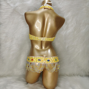 Kadın gogo şarkıcı bikini gösterisi kostüm bayanlar boncuklu kristal göbek dans kostümü giymek Bar + kemer kolye 3 adet Set seksi Bellydancing - Product Image 3
