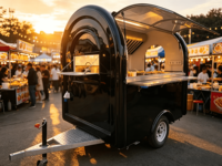 Chariot de restauration rapide mobile rond personnalisé, remorque alimentaire simplifiée, kiosque à café vintage avec évier en aluminium et acier inoxydable