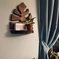 Rak Tanaman Dinding Kayu Tropis Gaya Boho, Tempat Tanaman Gantung, Rak Dinding Daun Monstera, Rak Kayu Rustic, Rak Mengambang Kayu