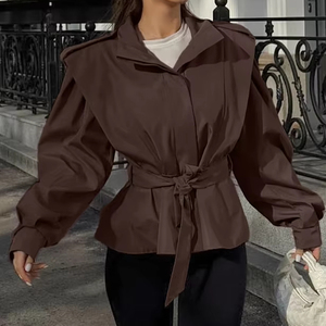 Chaqueta Ligera Casual para Mujer, Color Marrón Chocolate, Estilo Oversize, con Mangas Abullonadas, Cinturón y Cintura Ajustada, para Primavera y Otoño - Product Image 6