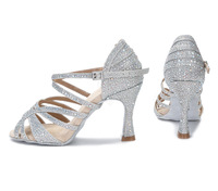 Chaussures de danse latine en satin argenté pour femmes, à découpes, double bride, talons hauts, semelle souple en daim, chaussures professionnelles de salsa et de danse de salon