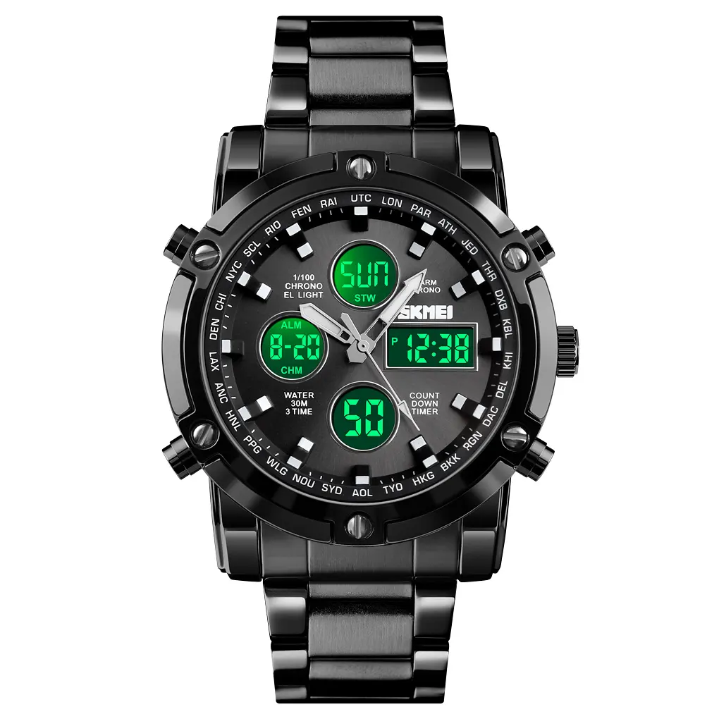 Latest Design skmei 1389 with 3times function Original Stainless steel Big Face Watches for Men quartz wristwatch