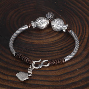 Pixiu — <span class=keywords><strong>Bracelet</strong></span> en <span class=keywords><strong>cuir</strong></span> pour hommes et femmes, bijoux porte-bonheur, avec corde ajustable, en argent 999, à la mode, motif feuille de <span class=keywords><strong>Lotus</strong></span>, poisson - Product Image 4