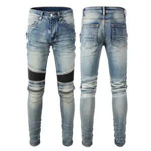 Rts For 606 Destroyed Original Damage Tapered Jogger Ripped Plus Size Patch Wrinkled Biker Jean Scratch Boy Men Jeans