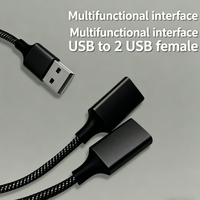 Câble d'extension USB 2.0 tressé en nylon avec sortie DC, double connecteur femelle en Y, 0,3 m, 1 m, 2 m, pour téléphone portable