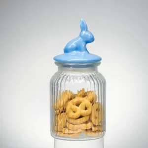 Fábrica Venta caliente conejo animal en forma de vidrio hermético de caramelo tarros de galletas con tapa de cerámica