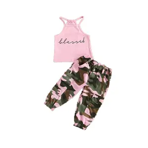 P108054 2021 summer Boutique Summer Girl Clothes Outfits Pink Camo Capri Pant 2pc Sets