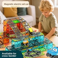 WISE FOREST Rompecabezas Educativo para Niños, Bloques de Construcción Magnéticos de Plástico Coloridos, Juguete con Pista de Carreras Eléctrica para Vehículos