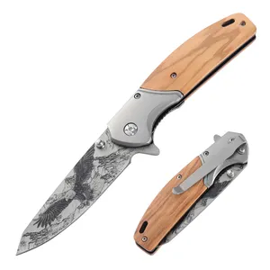 New product Olive Wood Handle Outdoor Folding Pocket Knife With Eagle Pattern Laser Engraved Custom Camping knife