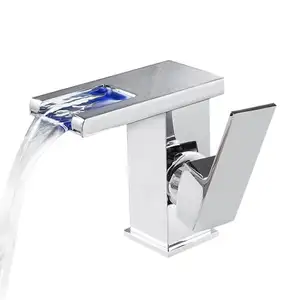 LED Faucet Basin Mixer 3 Colors Bathroom Tap Deck Mounted Wash Sink Taps Hot Cold Water Mixer Tap Basin Waterfall Faucets