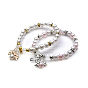 Pulsera de Perlas Blancas con Cruz de Ángel, 8mm, Joyería Religiosa Rosa y Blanca, Regalo, Accesorio para Bautizo - Product Image 4