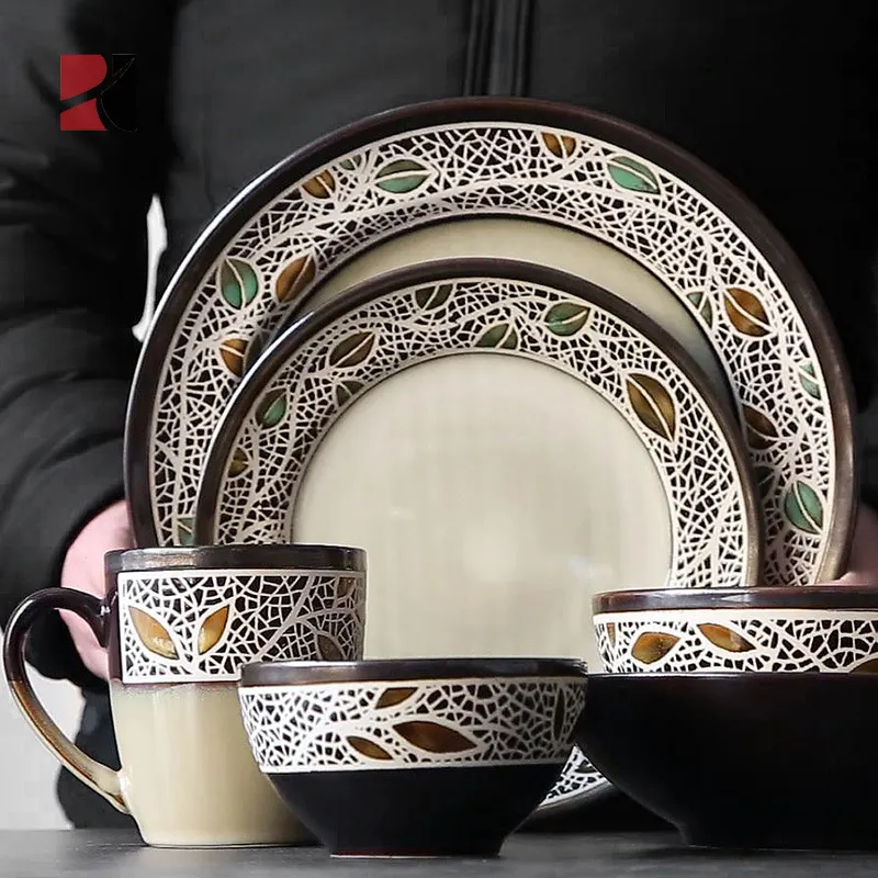 Commercio all'ingrosso Retro Rotondo Fine Piatto di Porcellana Sala Ciotola Tazza di Stoviglie In Ceramica Set di Cena