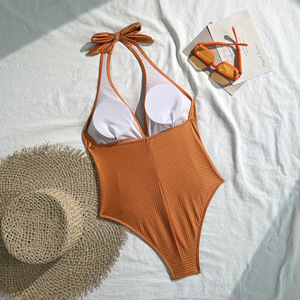 Women Waffle Texture One Piece <b>Swimsuit</b> Halter Tie Deep V <b>Neck</b> Ruched Tummy Control <b>High</b> Cut Beach Bathing Suit Wholesale OEM - Product Image 6