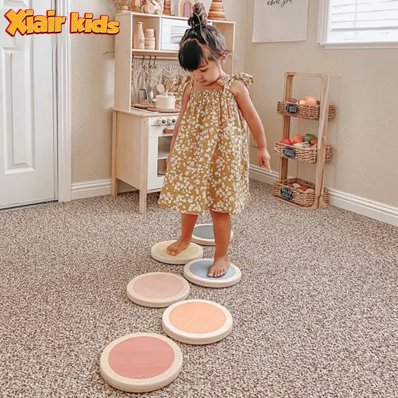 Xiair Wooden Stepping Stone For Kids 6 Colorful Montessori Training Step Hop and Balance Toys