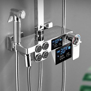 Ensemble de robinetterie de douche intelligente chromée avec affichage numérique, touches piano et système de pluie - Product Image 5