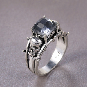 Anillo de cóctel Skeleton para hombre, plata 925, ónix negro, engaste redondo con puntas, regalo, anillos de moda - Product Image 2