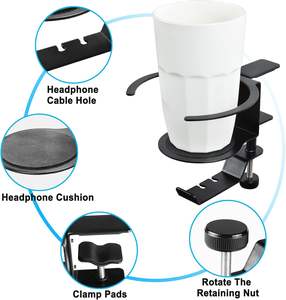 Wholesale 2 in 1 Adjustable <b>Long</b> Arm <b>Desk</b> Table Cup & Drink Holder Headset Hook Phone Stand for Office Home Gaming Headphone - Product Image 4