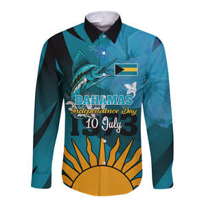 Camisa de Manga Larga Personalizada con Botones para el Día de la Independencia de las Bahamas, Estilo <span class=keywords><strong>Marlin</strong></span> Azul Bahamense Desde 1973, Camisas para Hombre - Product Image 4