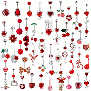 CRYSPURE 14g Piercing de nombril en acier inoxydable rouge style punk pour femme, avec pendentif cœur, cerise, rose et zircon, vente en gros OEM - Product Image 1