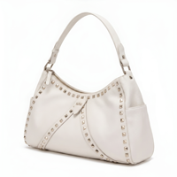 Sac hobo en cuir blanc grainé avec clous argentés, sac à main pour femme, fermeture éclair, poche latérale, logo personnalisé