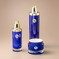 Pot cosmétique en plastique acrylique rond droit de luxe bleu or de 50 g 50 ml 120 ml, flacon pompe pour lotion d'essence avec couvercle en forme de diamant