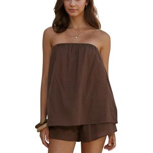 FOXA Ensemble deux pièces pour femme, haut bustier et short, tenue d'été décontractée, couleur unie marron - Product Image 1
