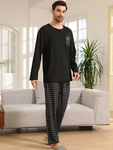 Vêtements de nuit à col rond et poche à carreaux pour hommes Ensemble de pyjama avec pantalon à manches longues Mode pyjama en coton pour hommes Ensemble de vêtements de détente confortables - Product Image 2