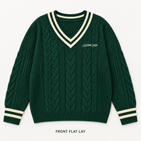 Pull personnalisé pour femme à col en V, tricot torsadé, manches longues, bordure contrastée à rayures, avec logo en relief pour l'automne et l'hiver