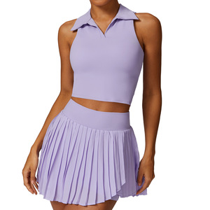 Ensemble de tennis pour femmes Zechuang, couleur unie, haut court respirant, jupe plissée, vêtements de sport d'extérieur TZ8600 - Product Image 1
