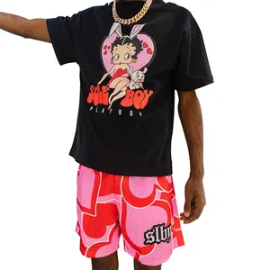 OEM пользовательский Короткий Комплект для бега, сетчатый короткий хлопковый спортивный костюм с графическим принтом, летний комплект из 2 предметов, рубашка и шорты для мужчин