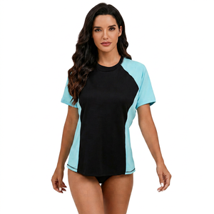 <b>Women's</b> Short Sleeve Palm Tree Graphic Rashguard <b>Shirt</b> UPF 50+ Color Block Sun Protection <b>Swim</b> Tee - Product Image 1