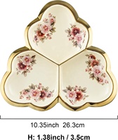 Assiette de service florale en porcelaine dorée avec plateau à 3 compartiments Plateau d'apéritif unique pour la fête pour les fruits, les bonbons et les noix