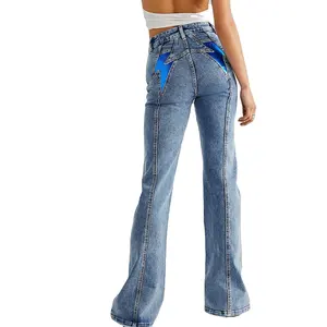 Новейшие джинсы на заказ, женские джинсы с заниженной талией, женские джинсы скинни с высокой посадкой, карманами в форме гром, расклешенные джинсы со звездами, Женские многослойные Джинсы OEM