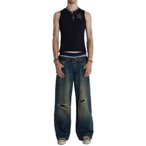 Jean baggy en denim épais délavé bleu, déchiré aux genoux, avec fermeture éclair, non extensible, pour homme - Product Image 2