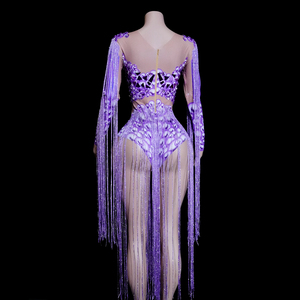 Combinaison sexy violette à imprimé numérique, ornée de strass et de franges en cristal, pour spectacle sur scène, performance de drag queen, chanteuse, diva, <span class=keywords><strong>costume</strong></span> - Product Image 2
