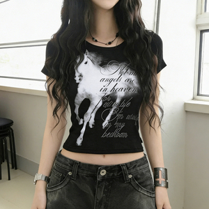 Camiseta de Verano para Mujer, Estilo Gótico Y2K, Estampado Animal, Manga Corta, Cuello Redondo, Corte Regular, Color Oscuro, Informal, Básica, de Alta Calidad - Product Image 4