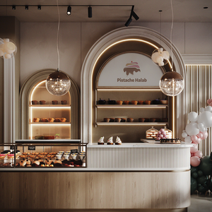 Vitrine de présentation de pâtisserie sur mesure, comptoir moderne pour pâtisserie, présentoirs en bois pour magasin de desserts avec éclairage LED - Product Image 1