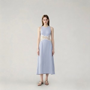Abito Midi da Donna OEM a Righe Blu e Bianche, Halter Senza Maniche, con Pizzo e Vita Traforata, Linea ad A, per Vacanze al Mare - Product Image 2