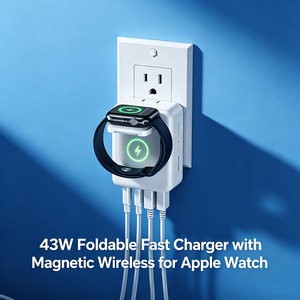 Chargeur rapide pliable HNT ODM/OEM 43w avec chargeur sans fil magnétique pour Apple Watch, adaptateur multiport 2C+2A pour <span class=keywords><strong>iPhone</strong></span>, ignifuge - Product Image 1