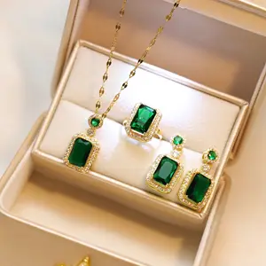 Cubic Zircon Green Stone Necklace Earrings Sets Luxury Emerald 18k Gold Plated Jewelry Sets Fashion Women Bridal